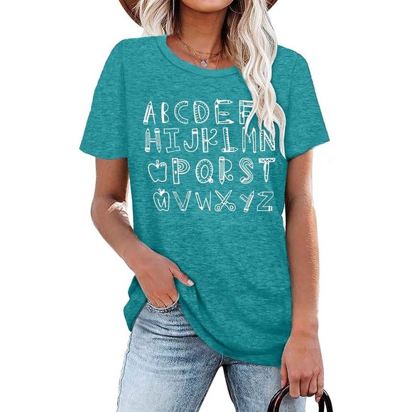 Women Teaching Tshirt Alphabet Graphic Tops Kindergarten Teachers Gift T-Shirt - Picture 2 of 6